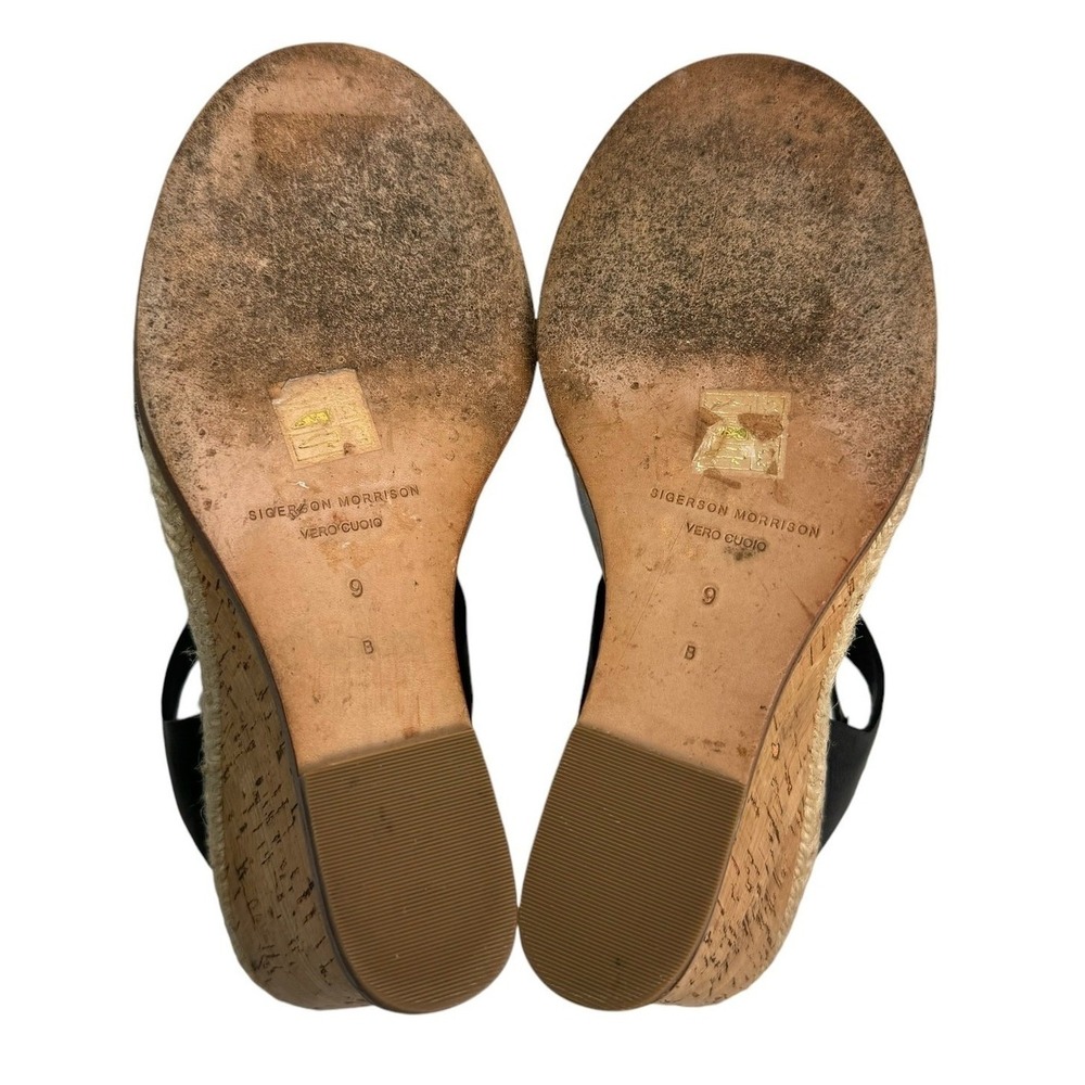 Sigerson Morrison Women's Black Leather Cork Wedge Espadrille T Strap Sandals 9 - Picture 5 of 8